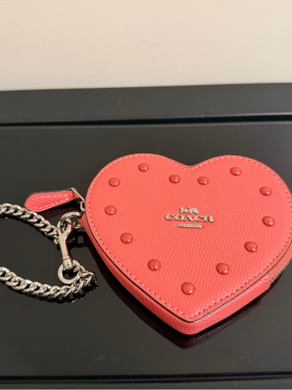 Coach Coral Heart Coin Purse with Silver Chain